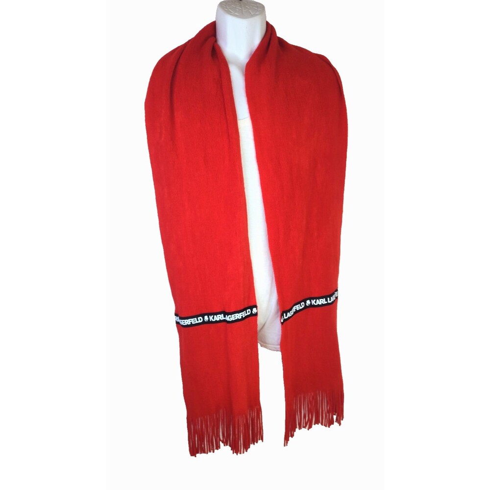 Karl Lagerfeld Paris Men's Red Scarf Name Logo w Fringe Long Rectangular 84"x9"